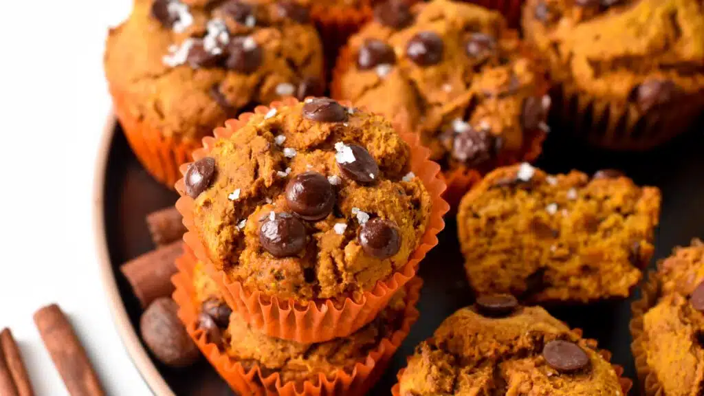 These 3 ingredient Pumpkin Muffins are easy moist pumpkin chocolate chips muffins made with 3 simple ingredients. Plus, they are allergy friendly, made without eggs butter, or dairy.