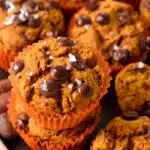 These 3 ingredient Pumpkin Muffins are easy moist pumpkin chocolate chips muffins made with 3 simple ingredients. Plus, they are allergy friendly, made without eggs butter, or dairy.