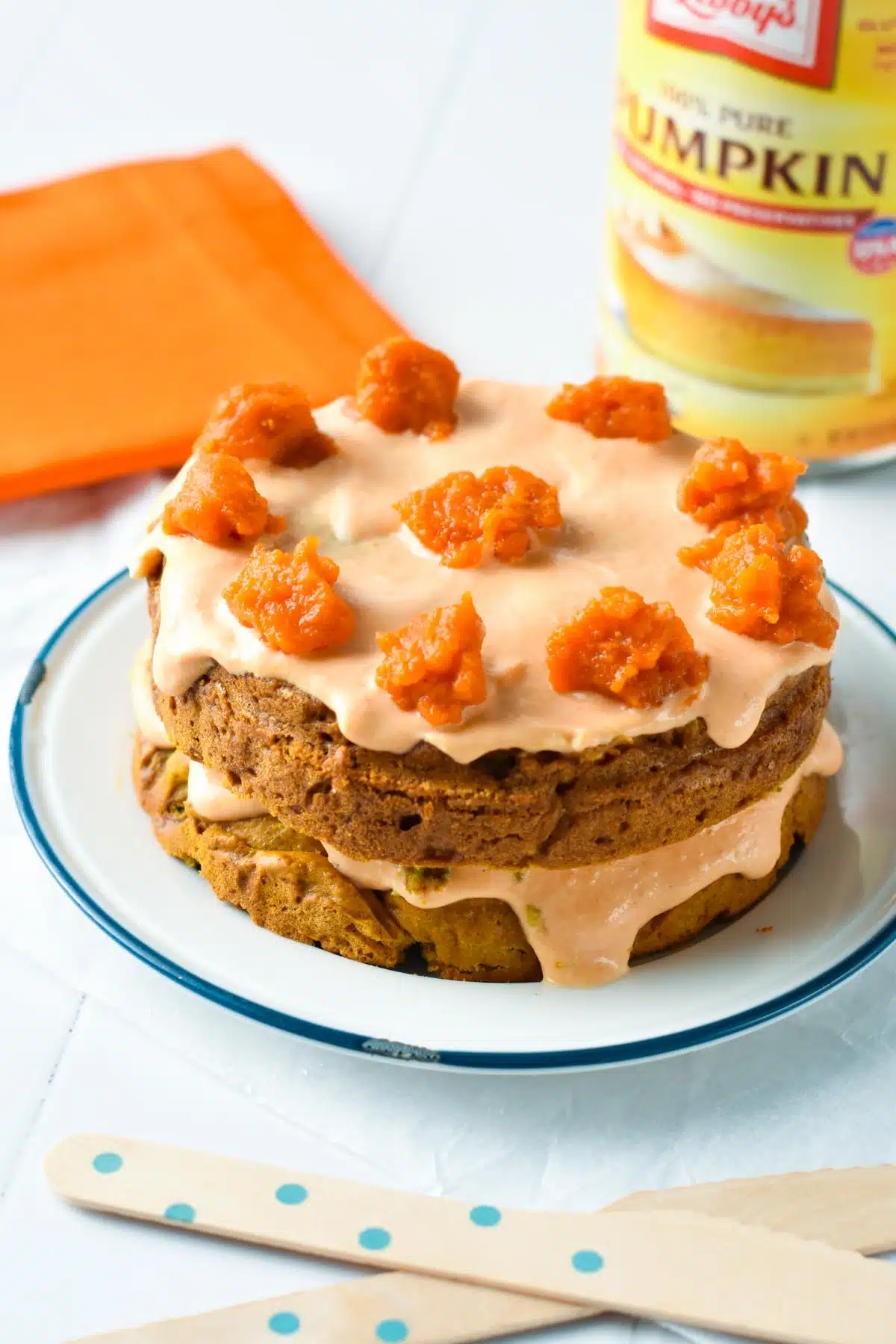 a picture of a two layer, small size Pumpkin Dog Cake Recipe frosted with yogurt and pumpkin puree